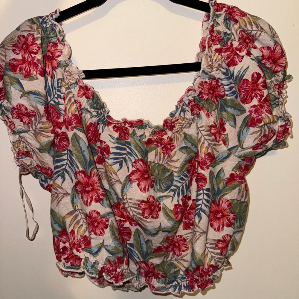 American Eagle Floral Hawaiian Off The Shoulder Crop Top Cotton Linen